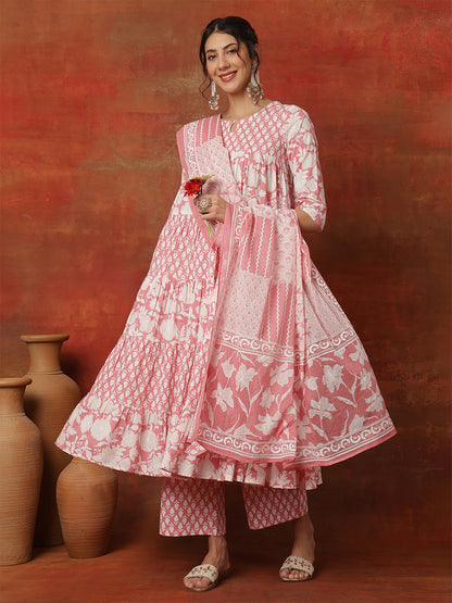 Cotton Ankle  Length Printed 3/4 Sleeves Round Neck Full Flared Kurta Bottom With Dupatta