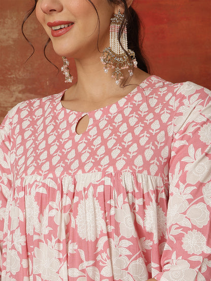 Cotton Ankle  Length Printed 3/4 Sleeves Round Neck Full Flared Kurta Bottom With Dupatta