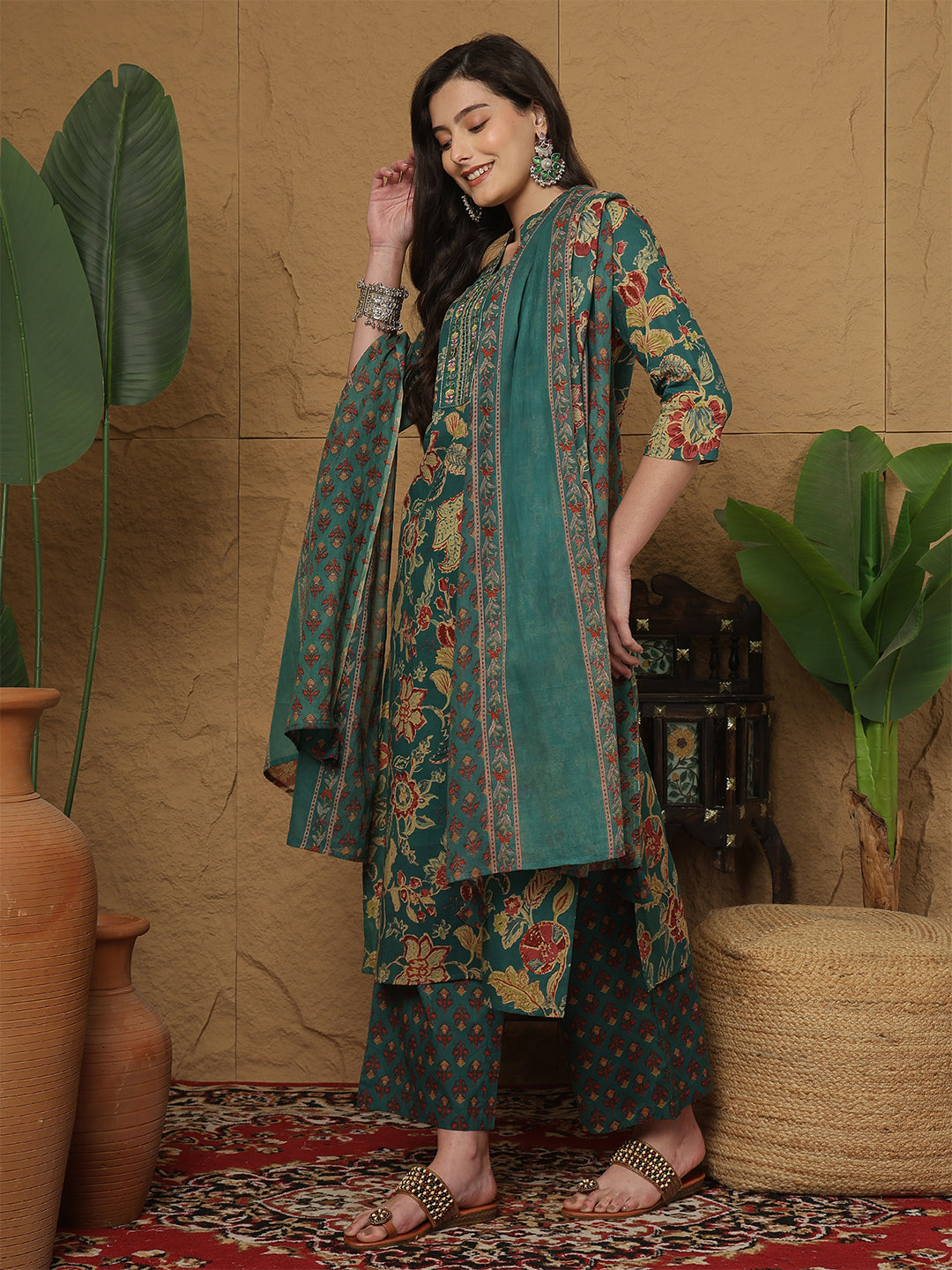 Cotton Calf Length Printed 3/4 Sleeves Mandarin Collar Straight Kurta Bottom With Dupatta