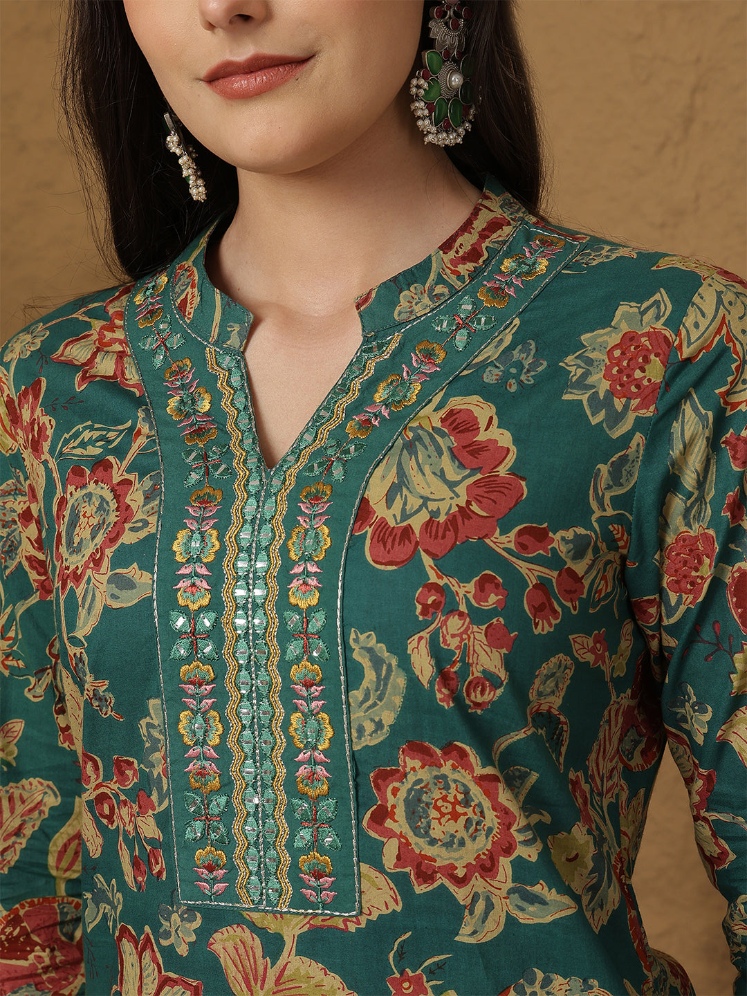 Cotton Calf Length Printed 3/4 Sleeves Mandarin Collar Straight Kurta Bottom With Dupatta