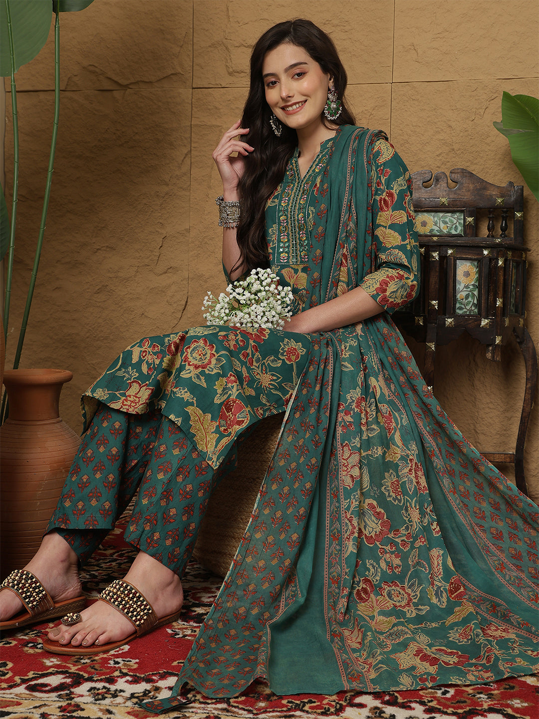 Cotton Calf Length Printed 3/4 Sleeves Mandarin Collar Straight Kurta Bottom With Dupatta