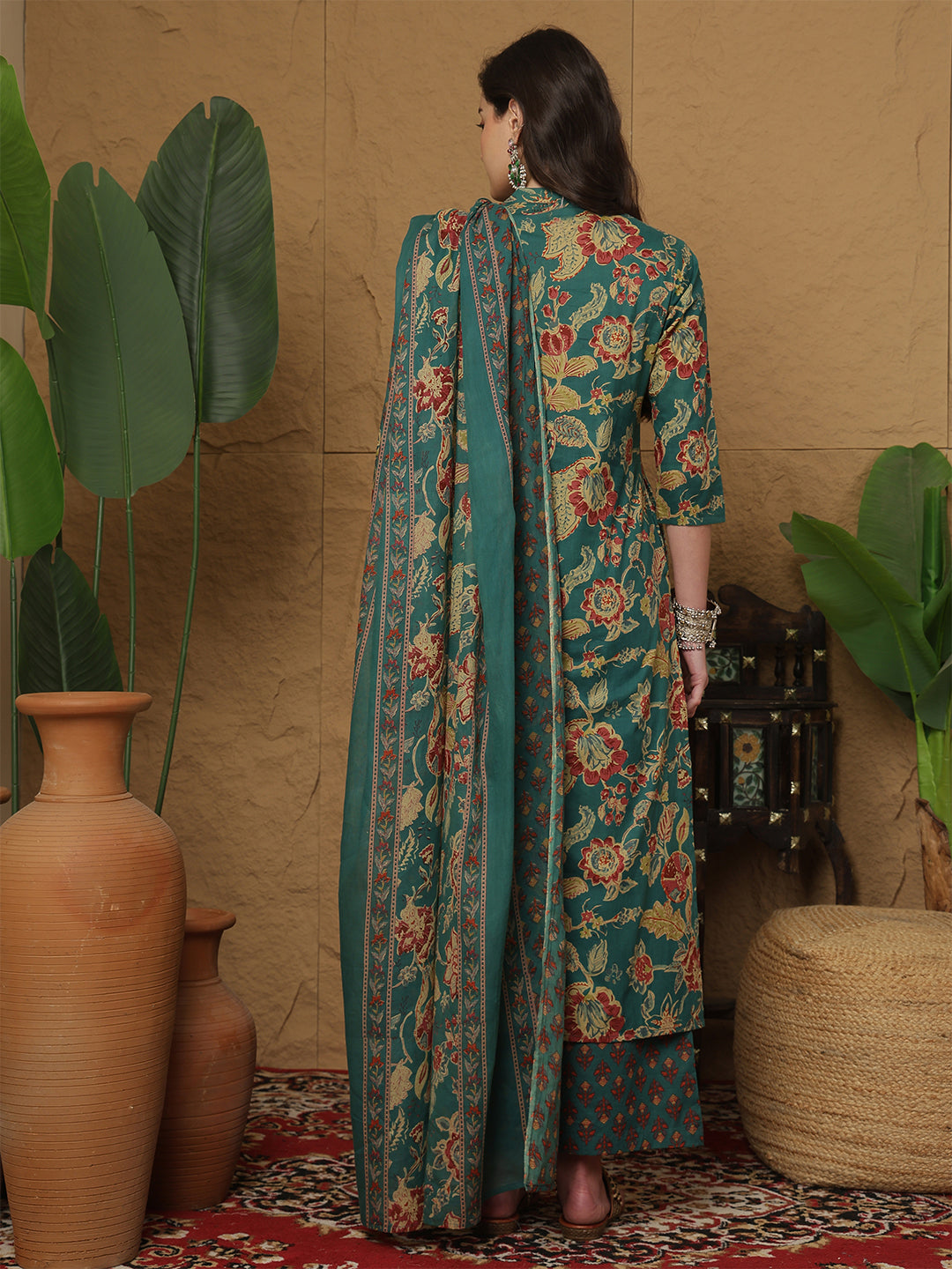 Cotton Calf Length Printed 3/4 Sleeves Mandarin Collar Straight Kurta Bottom With Dupatta