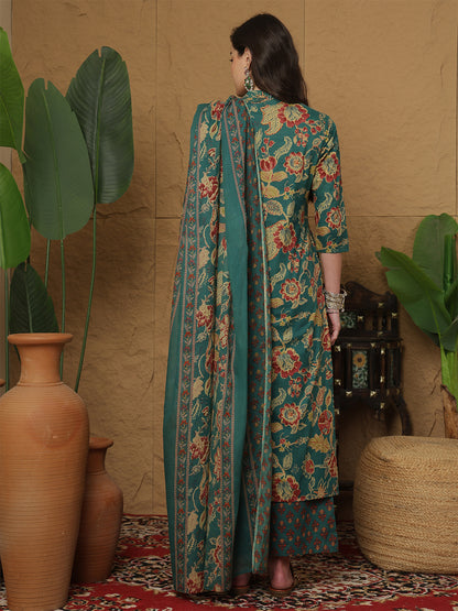 Cotton Calf Length Printed 3/4 Sleeves Mandarin Collar Straight Kurta Bottom With Dupatta