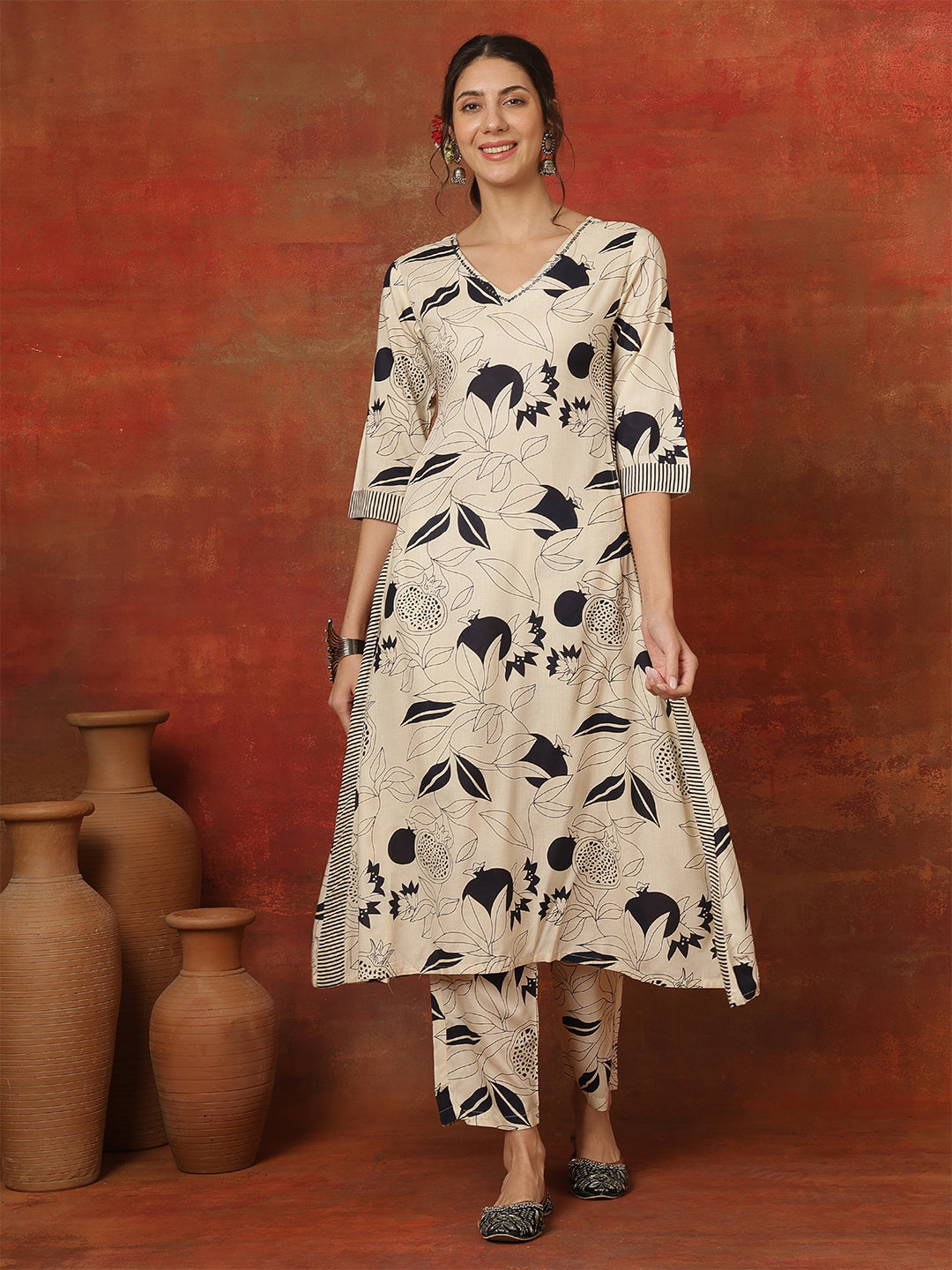 Rayon Calf Length Printed 3/4 Sleeves V-Neck Straight Kurta Suit Set