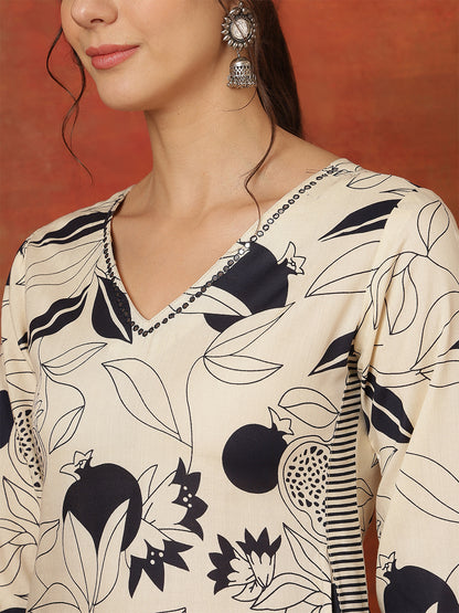 Rayon Calf Length Printed 3/4 Sleeves V-Neck Straight Kurta Suit Set