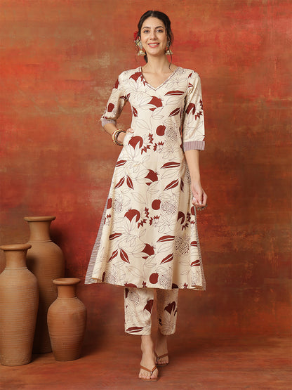 Rayon Calf Length Printed 3/4 Sleeves V-Neck Straight Kurta Suit Set