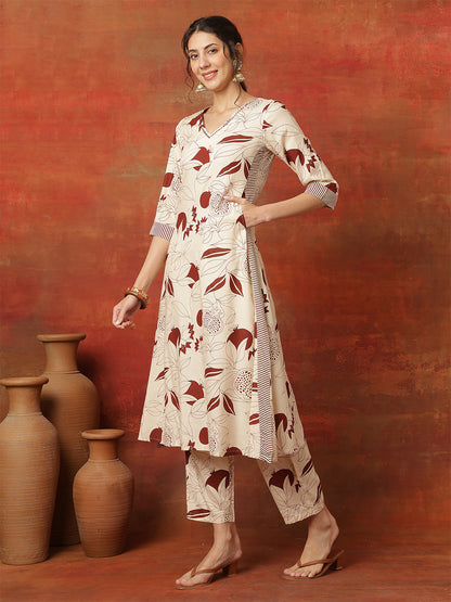 Rayon Calf Length Printed 3/4 Sleeves V-Neck Straight Kurta Suit Set