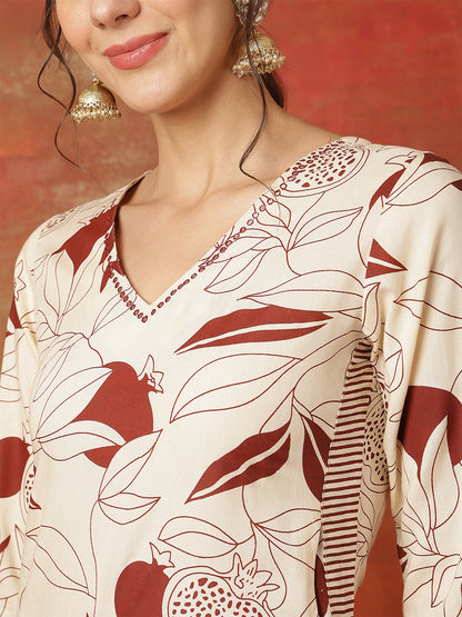 Rayon Calf Length Printed 3/4 Sleeves V-Neck Straight Kurta Suit Set