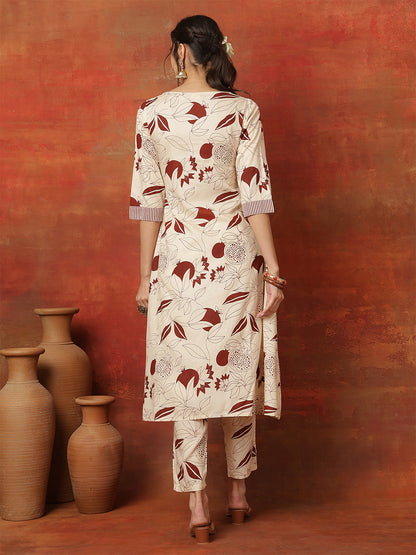 Rayon Calf Length Printed 3/4 Sleeves V-Neck Straight Kurta Suit Set