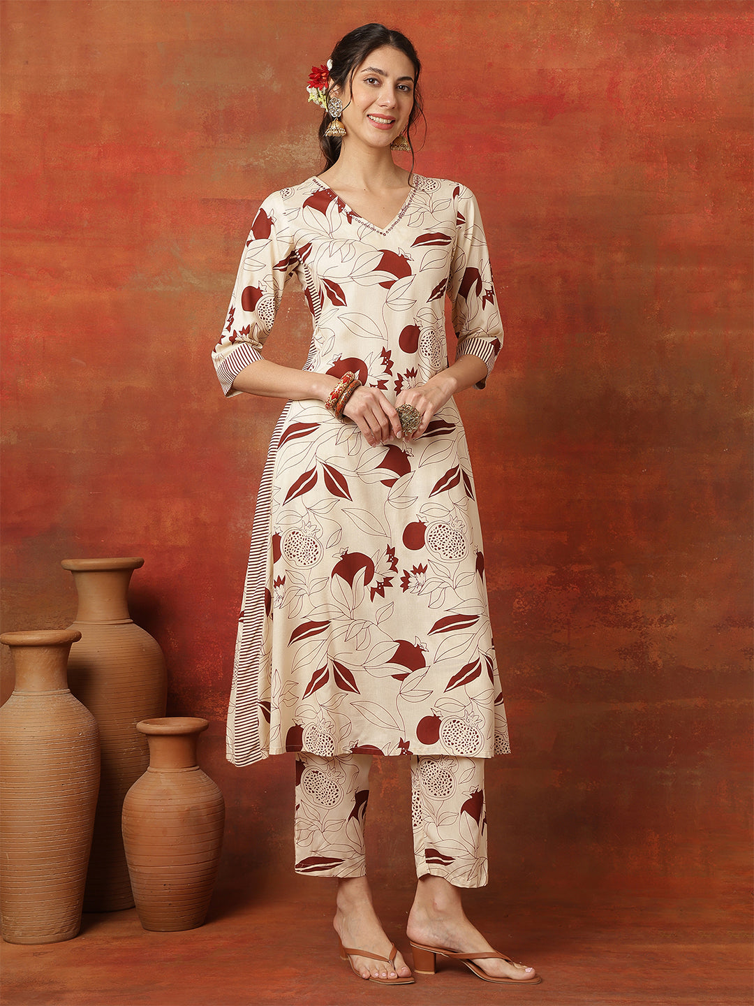 Rayon Calf Length Printed 3/4 Sleeves V-Neck Straight Kurta Suit Set