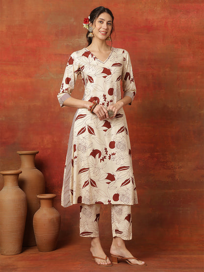 Rayon Calf Length Printed 3/4 Sleeves V-Neck Straight Kurta Suit Set
