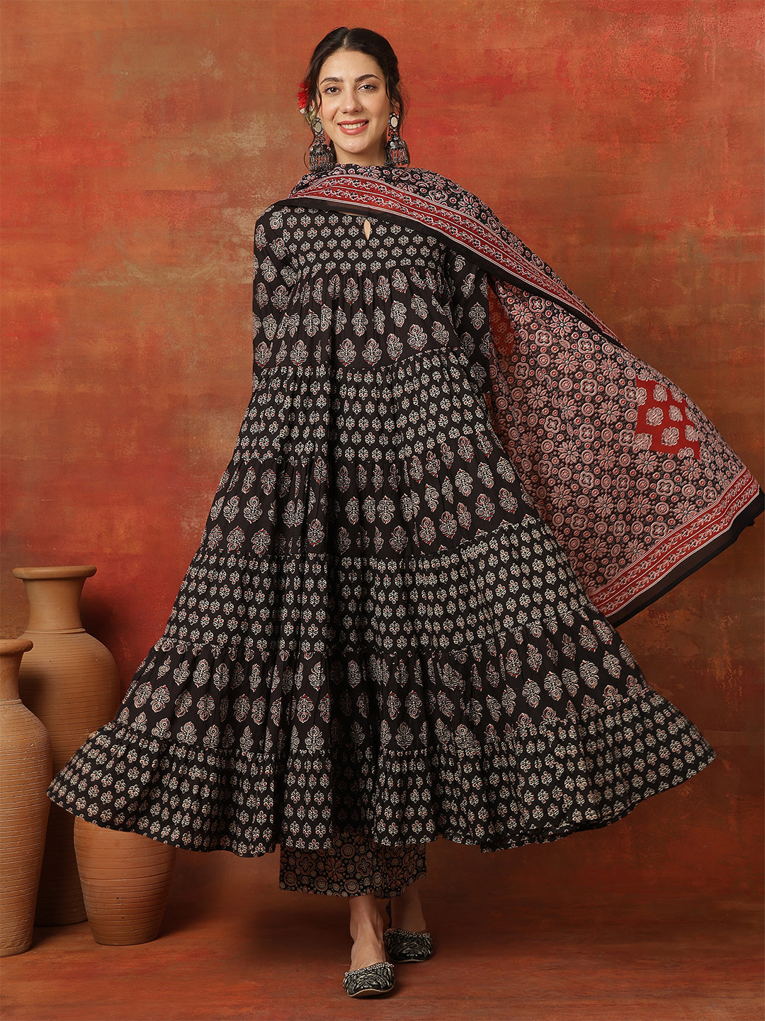 Cotton Ankle  Length Printed 3/4 Sleeves Round Neck Full Flared Kurta Bottom With Dupatta