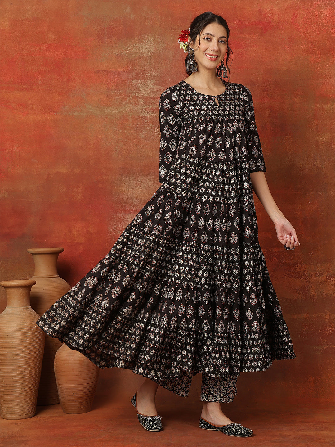 Cotton Ankle  Length Printed 3/4 Sleeves Round Neck Full Flared Kurta Bottom With Dupatta
