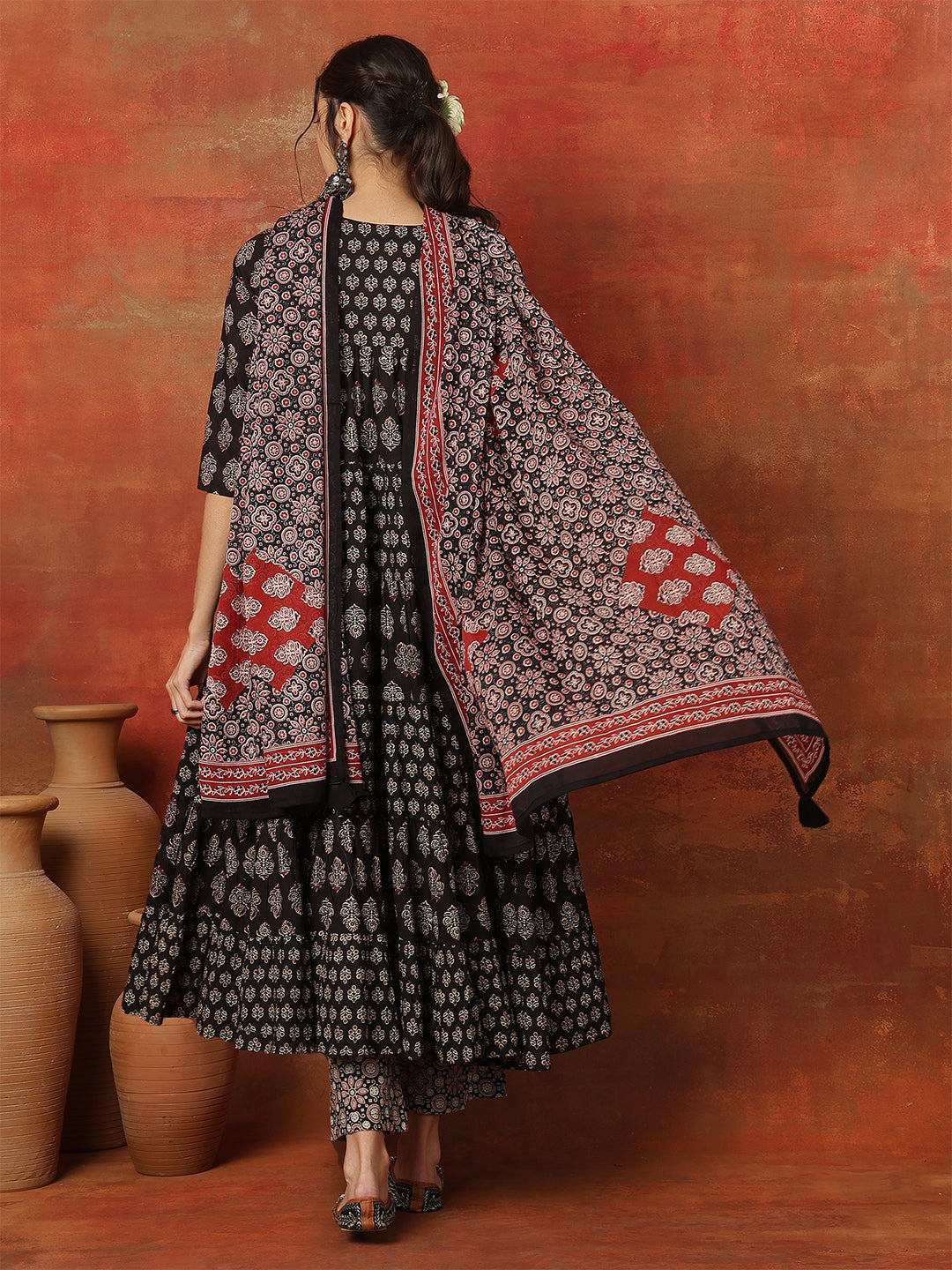 Cotton Ankle  Length Printed 3/4 Sleeves Round Neck Full Flared Kurta Bottom With Dupatta