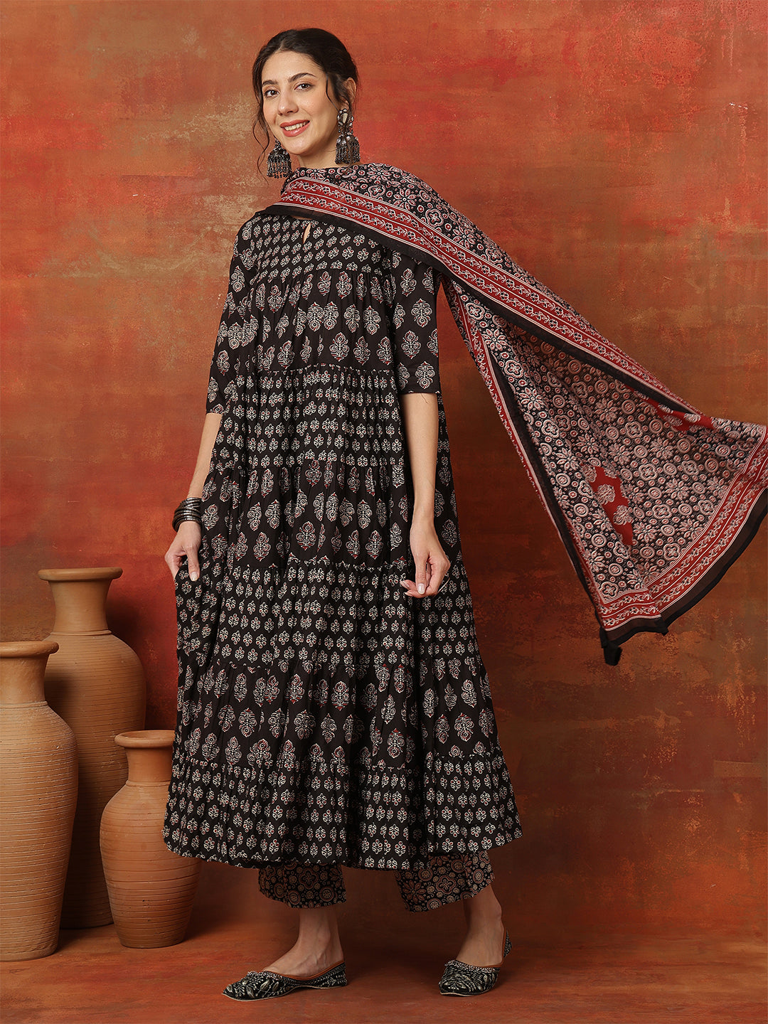 Cotton Ankle  Length Printed 3/4 Sleeves Round Neck Full Flared Kurta Bottom With Dupatta