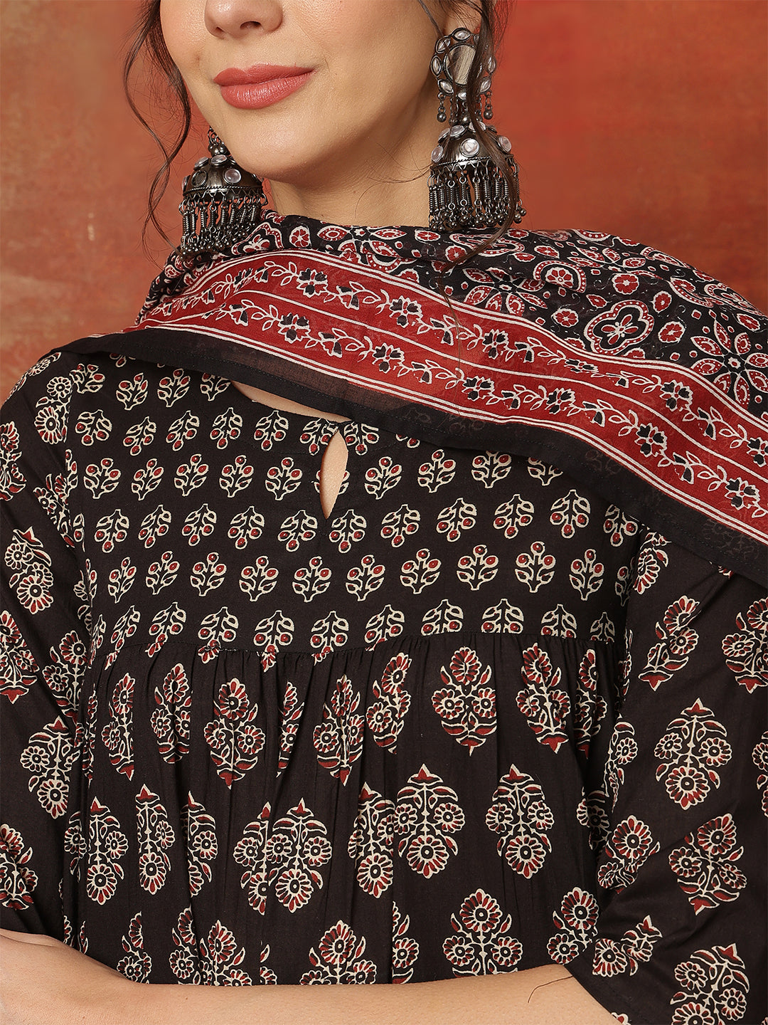Cotton Ankle  Length Printed 3/4 Sleeves Round Neck Full Flared Kurta Bottom With Dupatta
