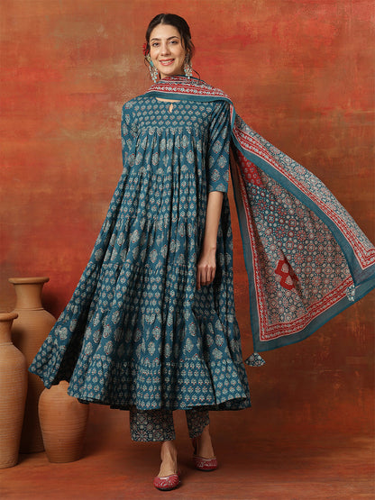 Cotton Ankle  Length Printed 3/4 Sleeves Round Neck Full Flared Kurta Bottom With Dupatta (Preorder)