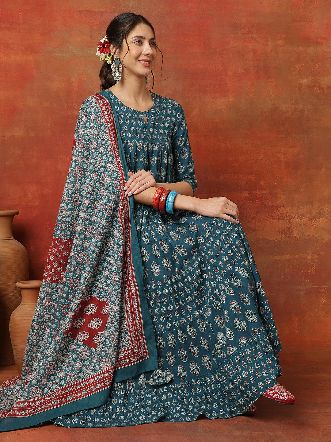 Cotton Ankle  Length Printed 3/4 Sleeves Round Neck Full Flared Kurta Bottom With Dupatta
