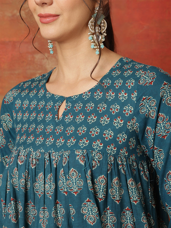 Cotton Ankle  Length Printed 3/4 Sleeves Round Neck Full Flared Kurta Bottom With Dupatta