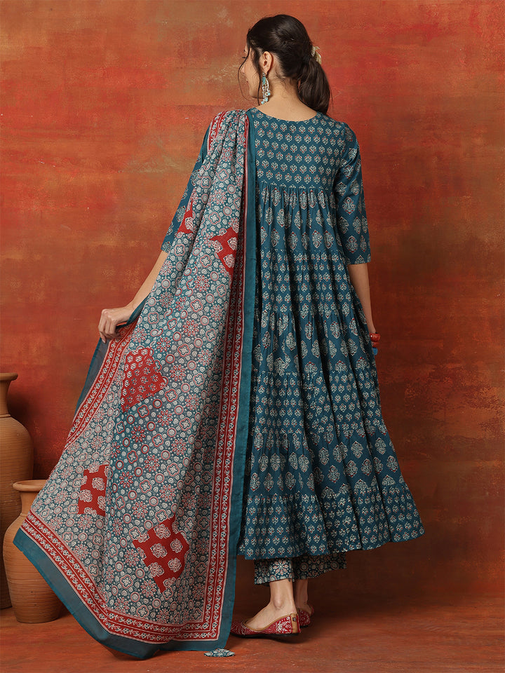 Cotton Ankle  Length Printed 3/4 Sleeves Round Neck Full Flared Kurta Bottom With Dupatta