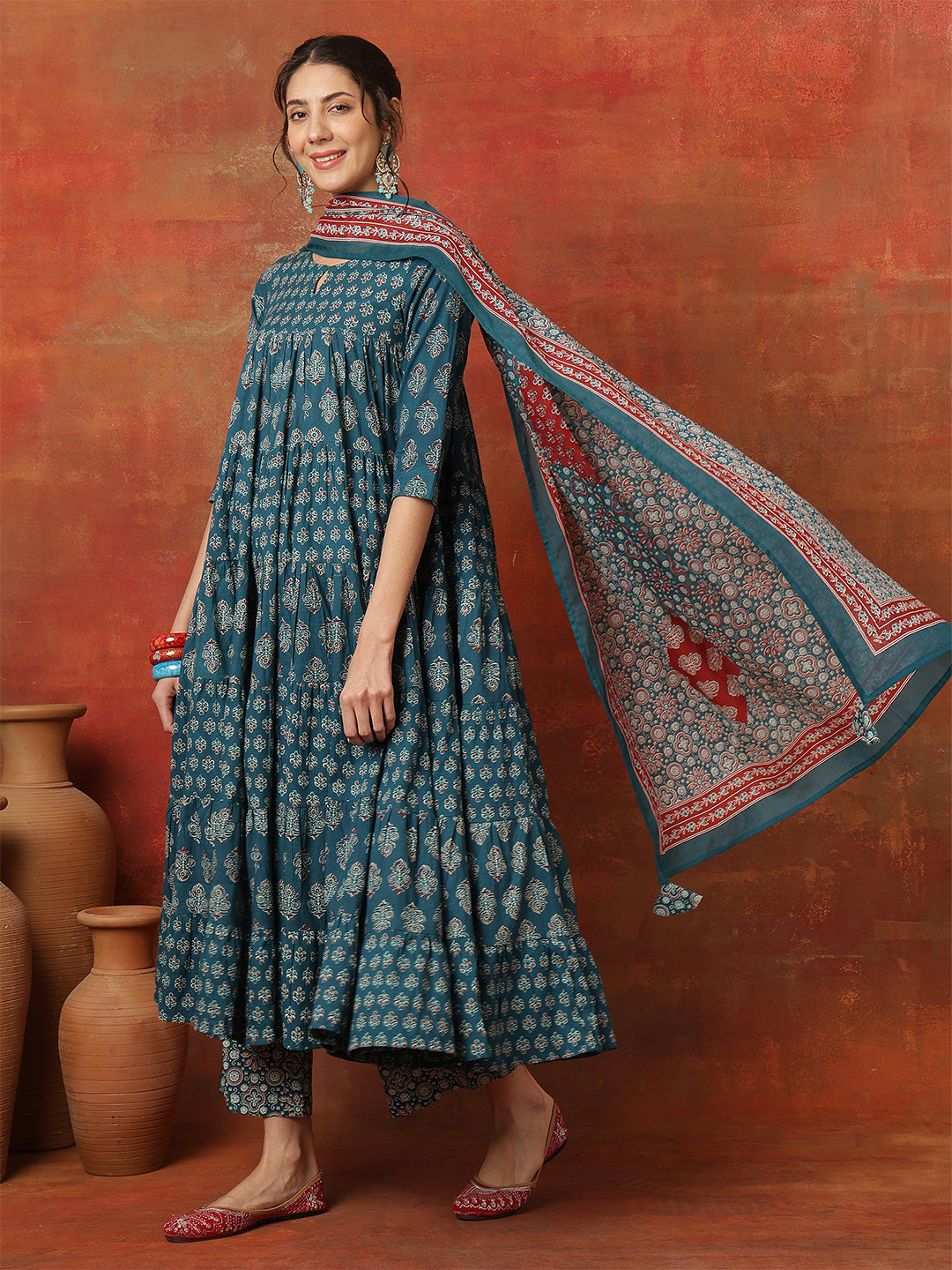 Cotton Ankle  Length Printed 3/4 Sleeves Round Neck Full Flared Kurta Bottom With Dupatta