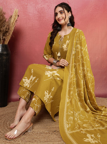 Rayon Printed Calf Length Round Neck A-Line Kurta Suit Set