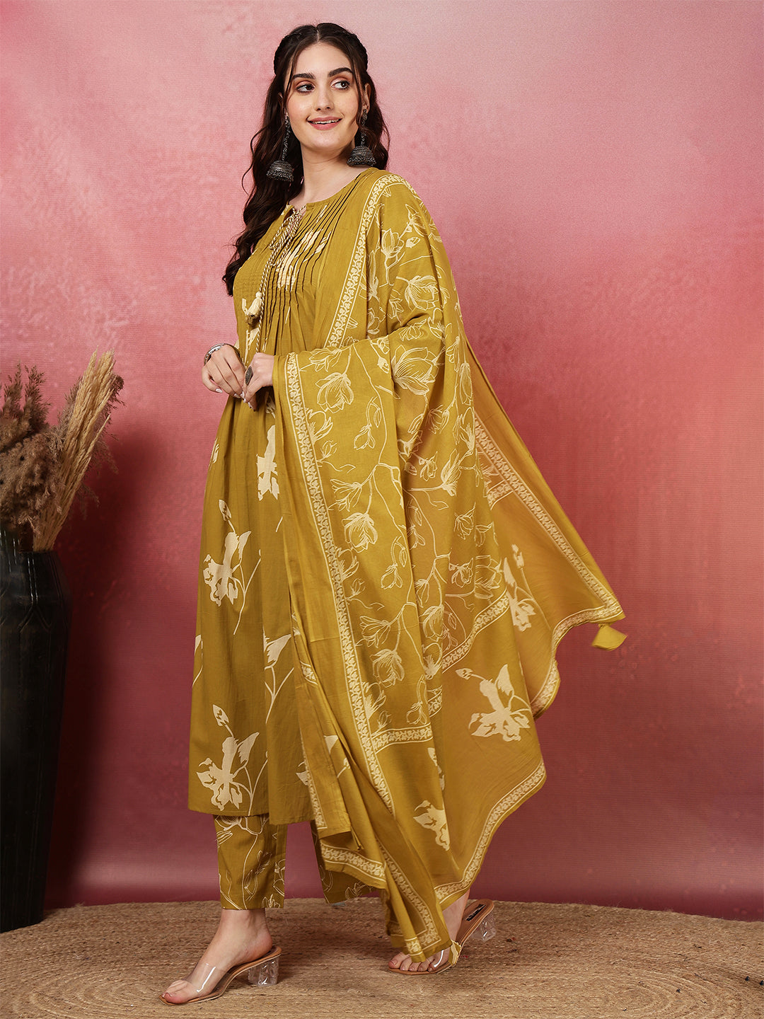 Rayon Printed Calf Length Round Neck A-Line Kurta Suit Set