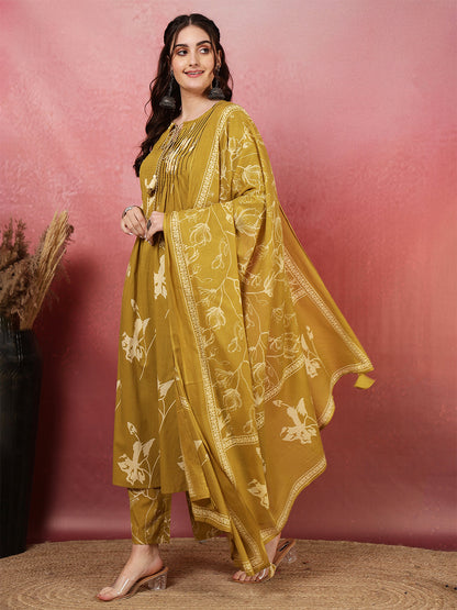 Rayon Printed Calf Length Round Neck A-Line Kurta Suit Set