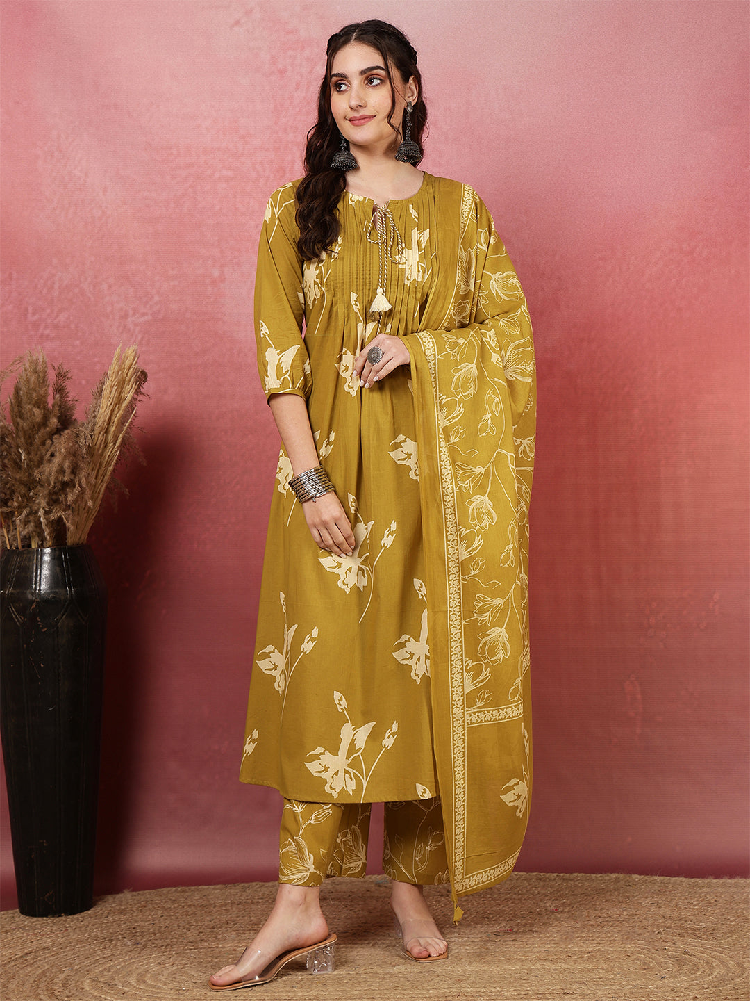 Rayon Printed Calf Length Round Neck A-Line Kurta Suit Set