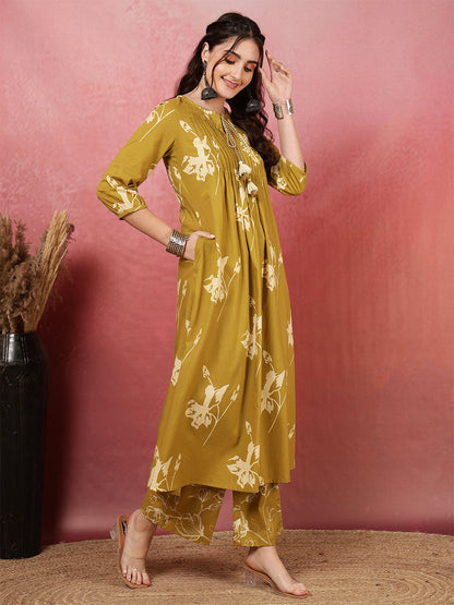 Rayon Printed Calf Length Round Neck A-Line Kurta Suit Set