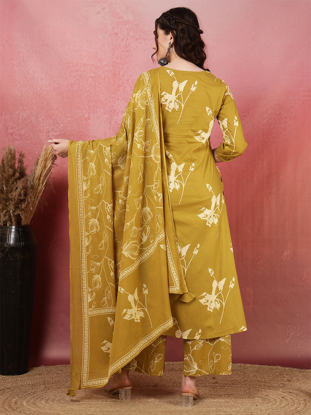 Rayon Printed Calf Length Round Neck A-Line Kurta Suit Set