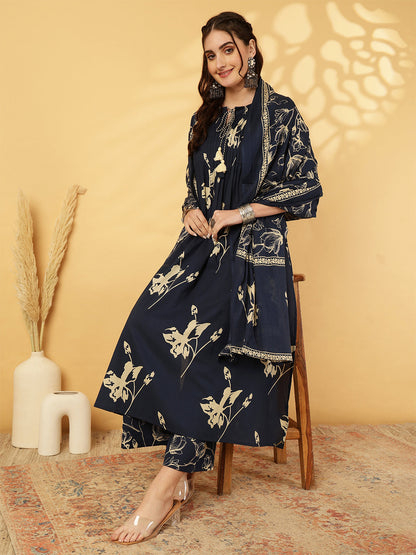 Rayon Printed Calf Length Round Neck A-Line Kurta Suit Set