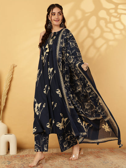 Rayon Printed Calf Length Round Neck A-Line Kurta Suit Set