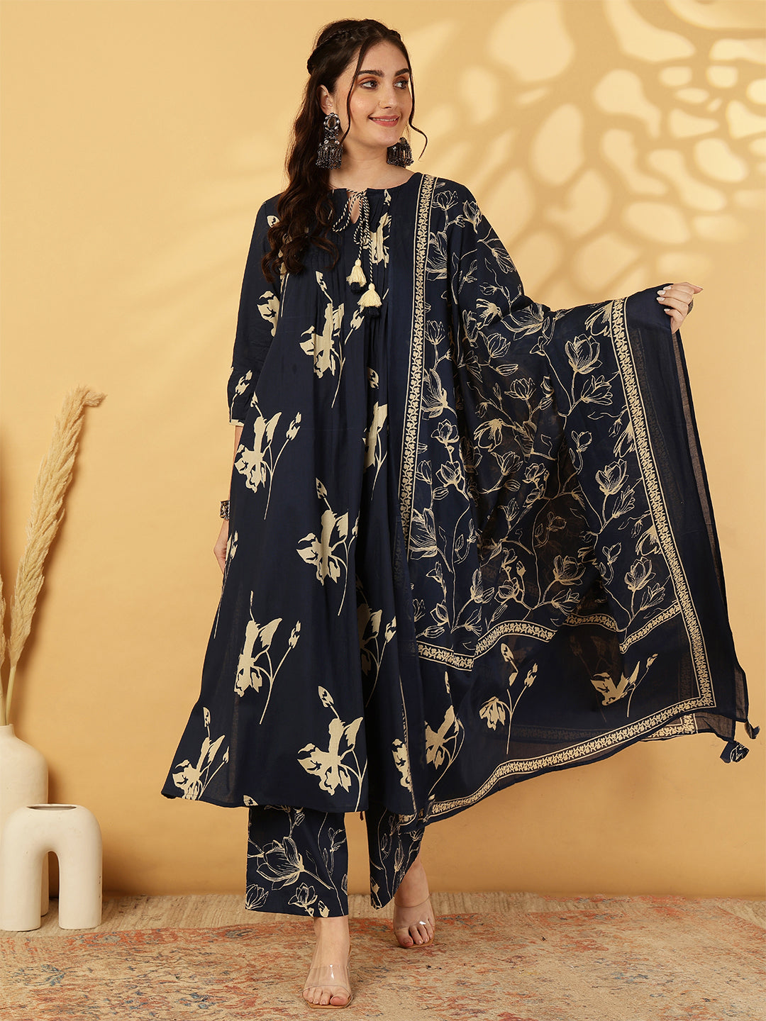 Rayon Printed Calf Length Round Neck A-Line Kurta Suit Set