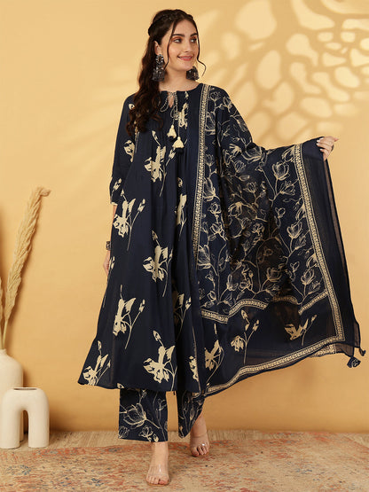 Rayon Printed Calf Length Round Neck A-Line Kurta Suit Set