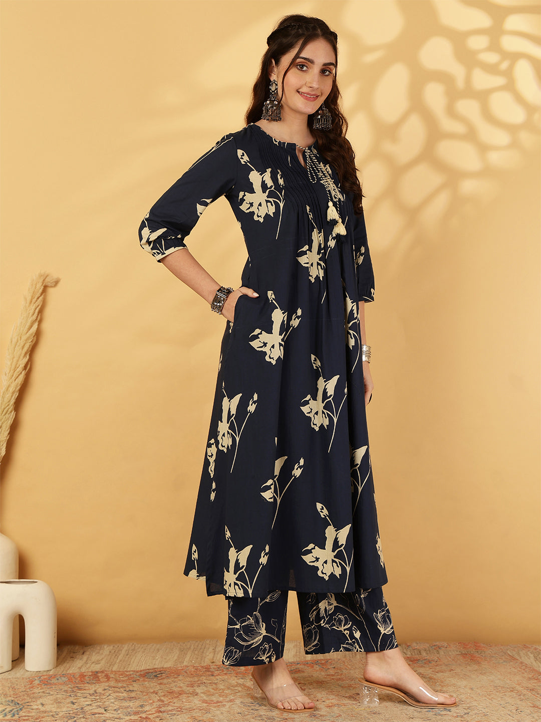 Rayon Printed Calf Length Round Neck A-Line Kurta Suit Set
