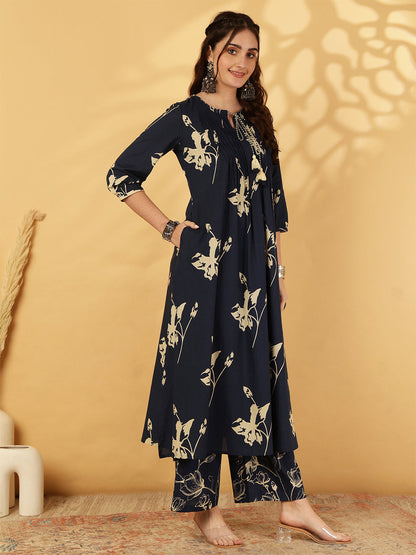 Rayon Printed Calf Length Round Neck A-Line Kurta Suit Set