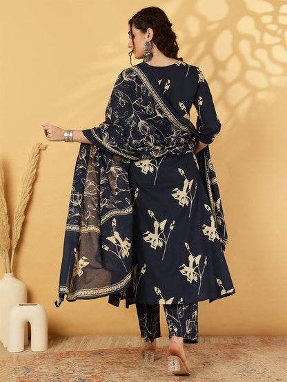 Rayon Printed Calf Length Round Neck A-Line Kurta Suit Set