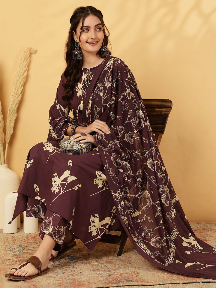 Rayon Printed Calf Length Round Neck A-Line Kurta Suit Set