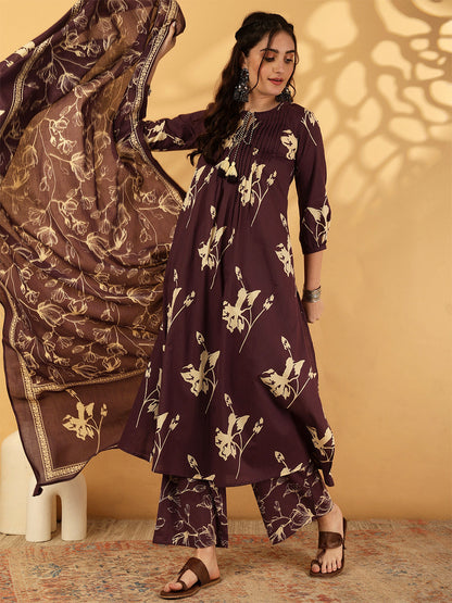 Rayon Printed Calf Length Round Neck A-Line Kurta Suit Set