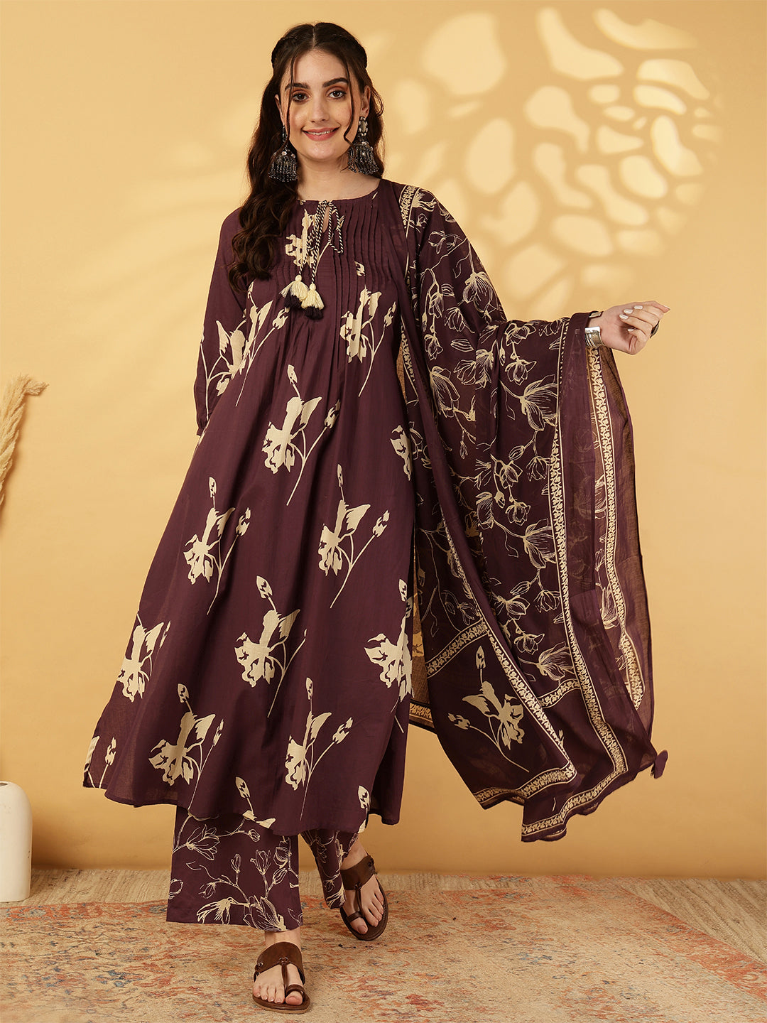 Rayon Printed Calf Length Round Neck A-Line Kurta Suit Set