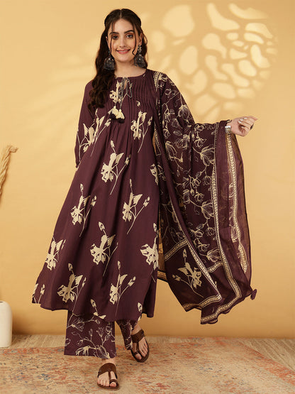 Rayon Printed Calf Length Round Neck A-Line Kurta Suit Set