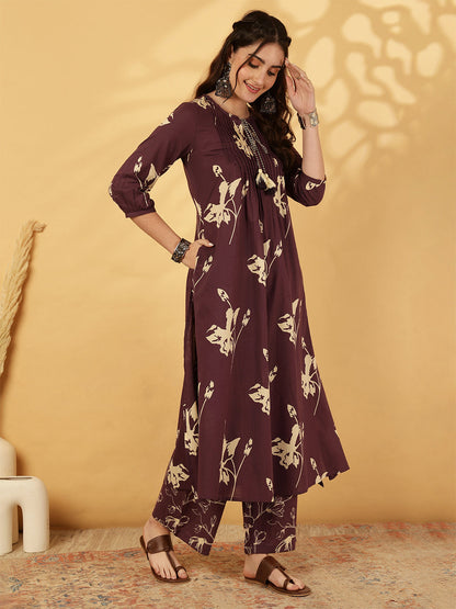 Rayon Printed Calf Length Round Neck A-Line Kurta Suit Set