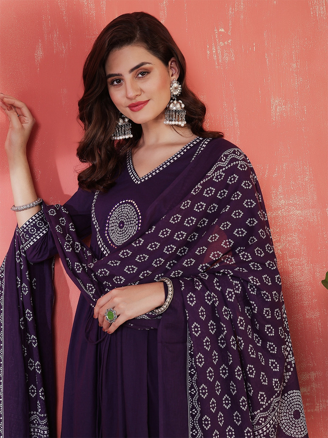 Rayon Calf Length Solid 3/4 Sleeves V-Neck Semi-Flared Kurta Suit Set With Dupatta