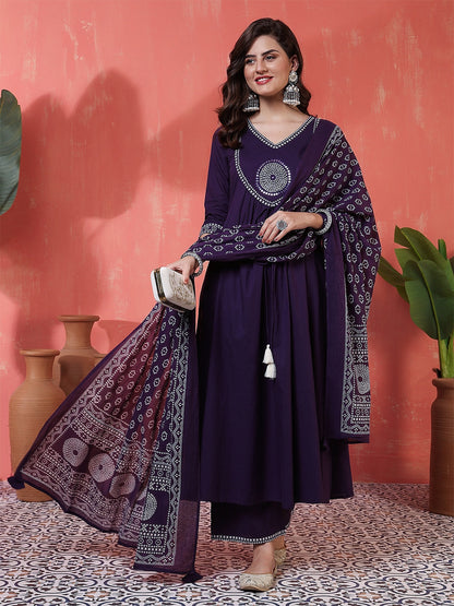 Rayon Calf Length Solid 3/4 Sleeves V-Neck Semi-Flared Kurta Suit Set With Dupatta