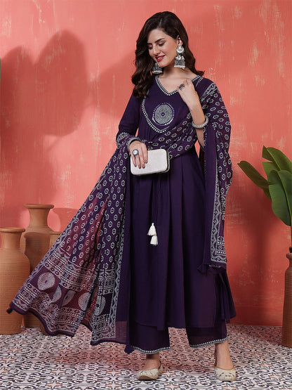Rayon Calf Length Solid 3/4 Sleeves V-Neck Semi-Flared Kurta Suit Set With Dupatta