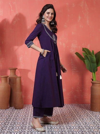 Rayon Calf Length Solid 3/4 Sleeves V-Neck Semi-Flared Kurta Suit Set With Dupatta