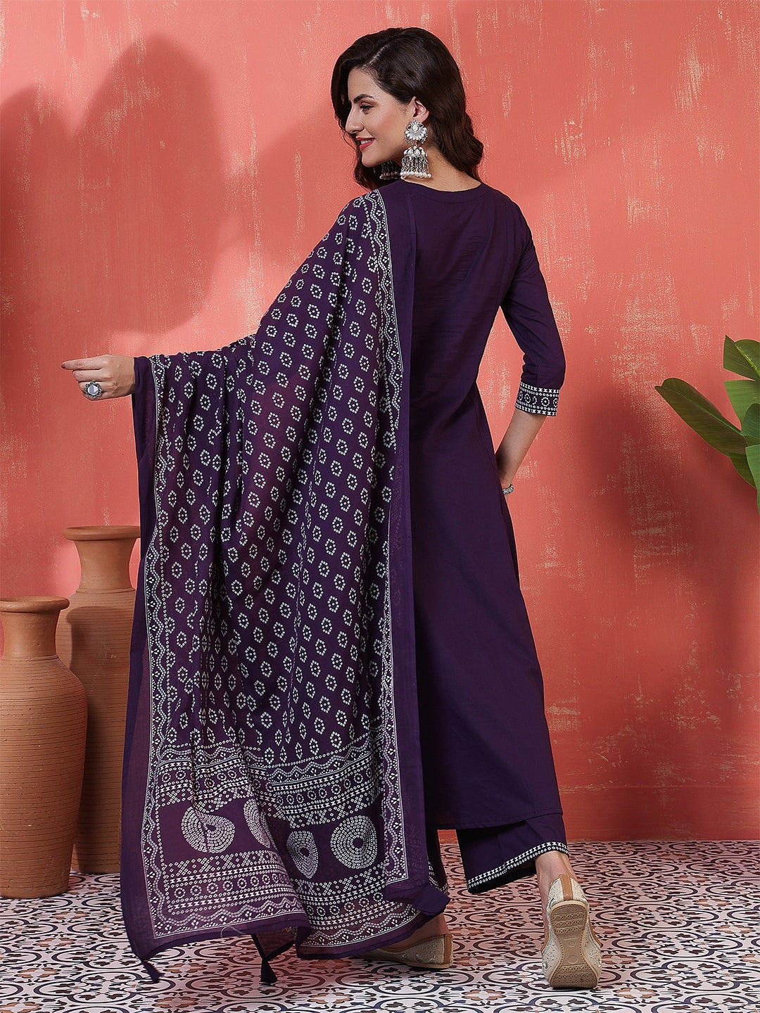 Rayon Calf Length Solid 3/4 Sleeves V-Neck Semi-Flared Kurta Suit Set With Dupatta