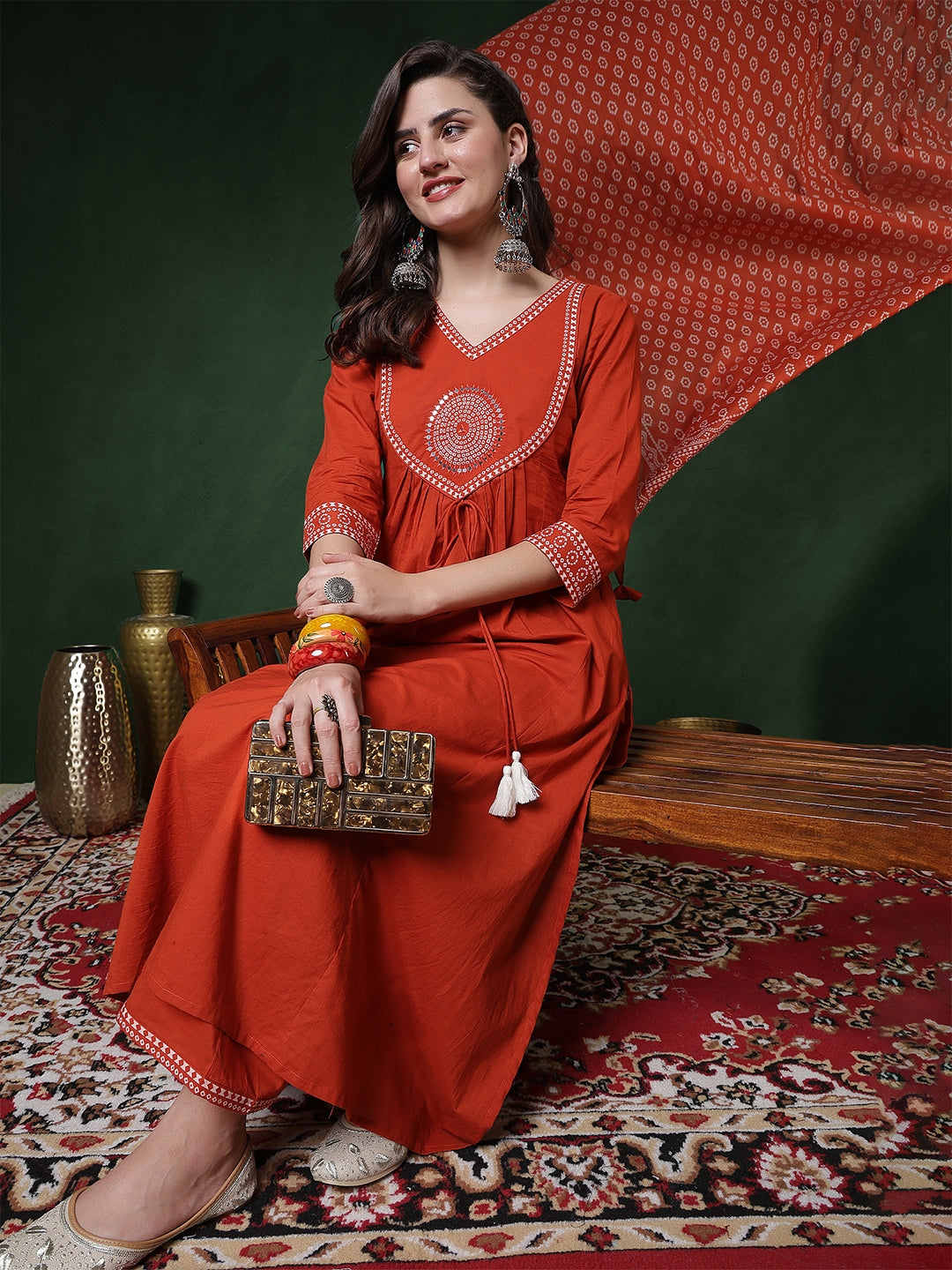 Rayon Calf Length Solid 3/4 Sleeves V-Neck Semi-Flared Kurta Suit Set With Dupatta