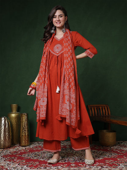 Rayon Calf Length Solid 3/4 Sleeves V-Neck Semi-Flared Kurta Suit Set With Dupatta
